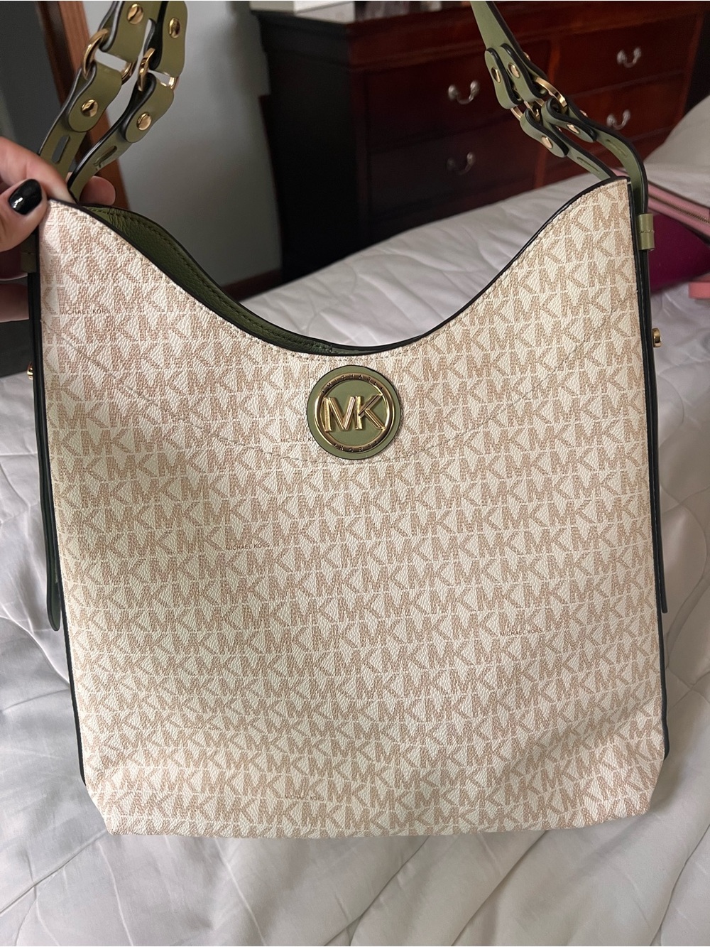 Michael Kors Beige MK Logo Hobo with Olive Trim and Gold Hardware